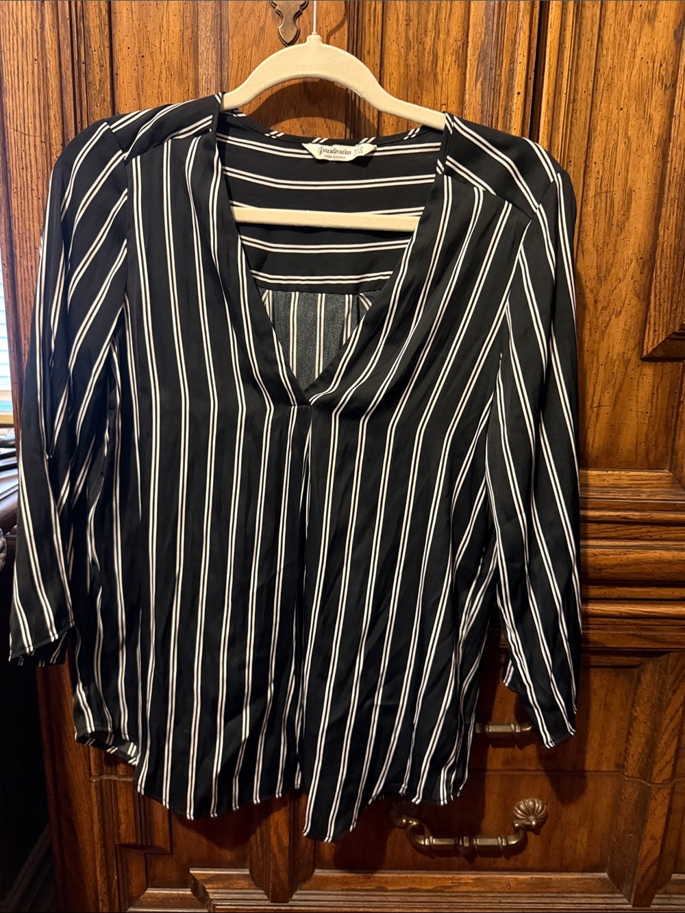 stradivarius Black Top with White Vertical Stripes